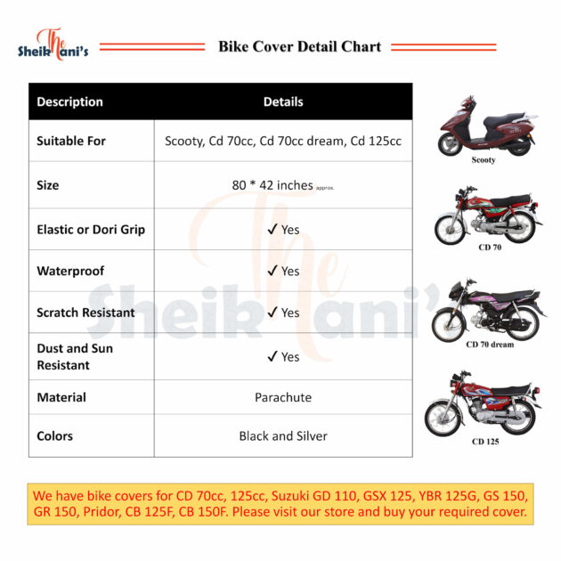 Bike Cover - Universal Bike Covers for cd 70 cc bike cd 125 cc bike –The Sheikhani's Dust proof Scratch proof Bike Top Covers – Made from quality fabric to save Motorbike color from fading - Image 2